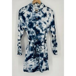 Gap Blue White Tie Dye Linen Romper Long Sleeve Belted Boho Beach Hippie Sz 2